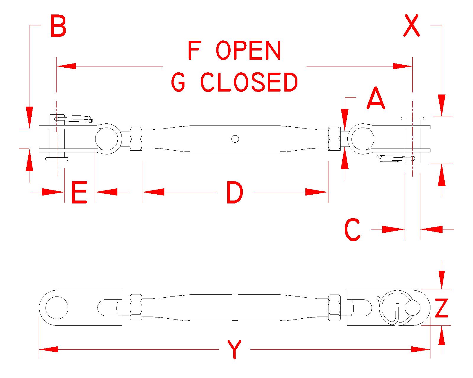 Stainless Steel Toggle and Toggle Turnbuckle, S0783-0005, S0783-0007, S0783-0008, S0783-0010, S0783-0013, S0783-0016, Line Drawing